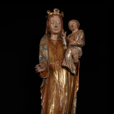 Espectacular Gran Virgen "Maiestat" con Ni&ntilde;o Ile-de-France, Escuela Medieval G&oacute;tica Francesa del siglo XIV o principios del siglo XV.
