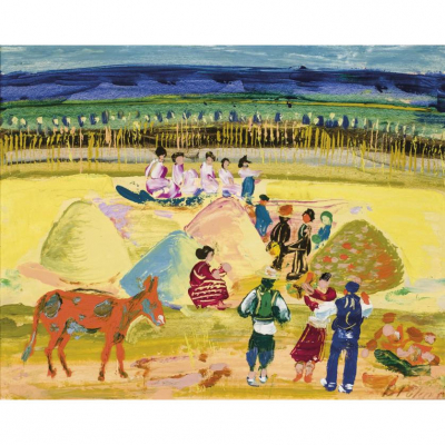 Benjamín Palencia. &quot;Fiesta en el campo&quot;. Óleo sobre cartón. Firmado 