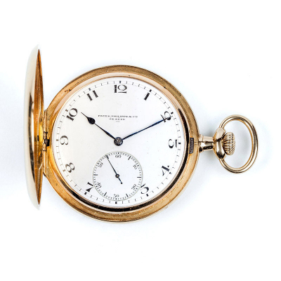 Reloj saboneta suizo, PATEK PHILIPPE &amp; Cíe, en caja de oro de tres tapas, grabada para el detallista Alfredo Álvarez y Cía de Bilbao.
