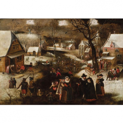 Atribuído a David Vinckboons.  &quot;Escena costumbrista invernal&quot;. Óleo sobre tabla.