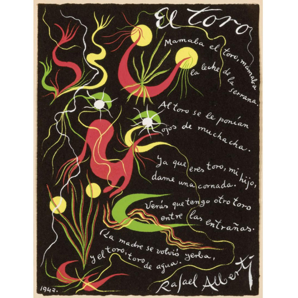 Rafael Alberti. "El Toro (1947)". Gouache sobre papel. Firmado en el ángulo superior derecho.