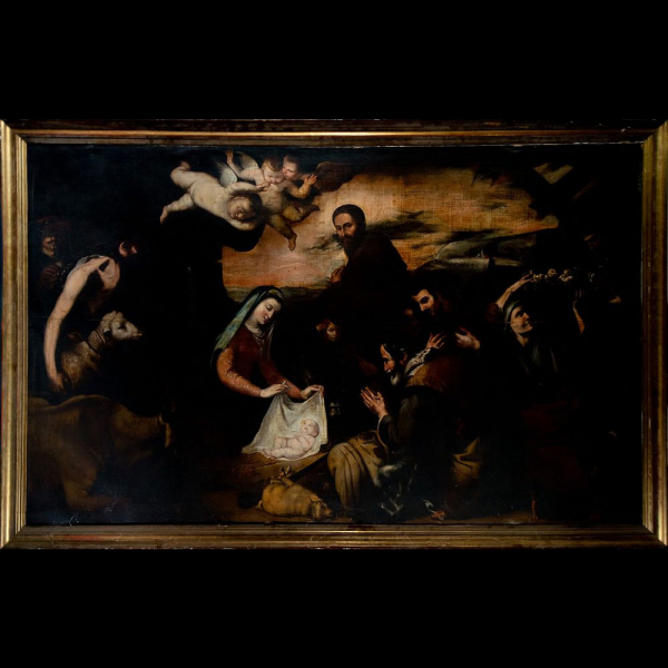 Importante Adoración de Pastores, versión de taller de José de Ribera, escuela Napolitana del siglo XVII.   Óleo sobre lienzo