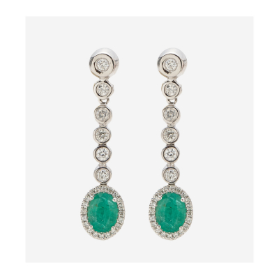 Pendientes largos con tira de diamantes talla brillante y rosetón de esmeralda talla oval orlada por diamantes talla brillante