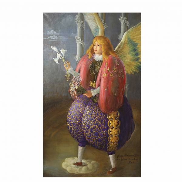 Francisco Juliá (s.XX) &quot;Arcángel con lirios&quot;.  Técnica mixta sobre lienzo. Firmado y dedicado &quot;Pintado por Francisco Juliá para Johann Sebastian Bach&quot;. 