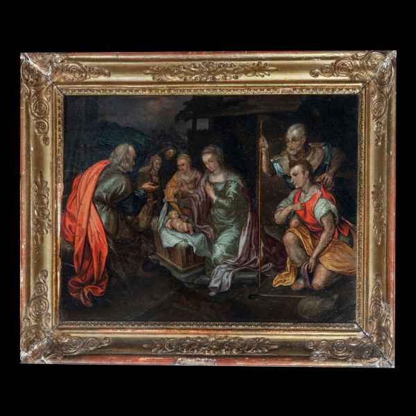  ATRIBUCIÓN A JUAN BAUTISTA MAÍNO (1581-1649), ADORACIÓN DE PASTORES - Óleo sobre tabla, siglo XVII