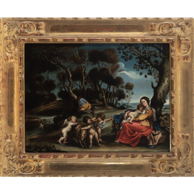 Escuela flamenca del siglo XVII. Seguidor de Pedro Pablo Rubens. Descanso en la huida a Egipto. &Oacute;leo sobre lienzo.