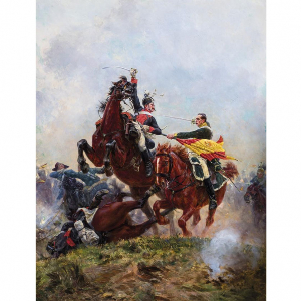Juan Antonio Benlliure. "Carga de caballer&iacute;a (1884)". &Oacute;leo sobre lienzo. Firmado 