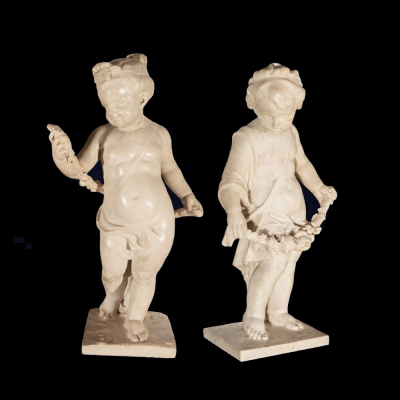 Preciosa y Pareja de Cupidos en M&aacute;rmol a tama&ntilde;o natural como Alegor&iacute;as de la Primavera y el amor, siglo XIX, Italia. 
