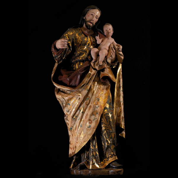 Gran talla de "San José con Niño", trabajo colonial Novohispano de finales del siglo XVII. 