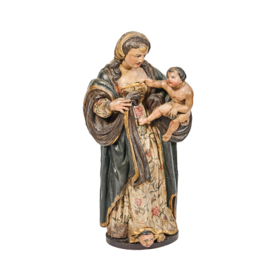 Escuela española, fles. del s.XVII.  Virgen con el Niño.  Escultura en madera tallada, policromada y parcialmente dorada.
