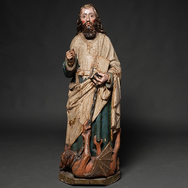 &quot;San Antonio Abad&quot; Escultura tardogótica en madera tallada y policromada. h. 1500
