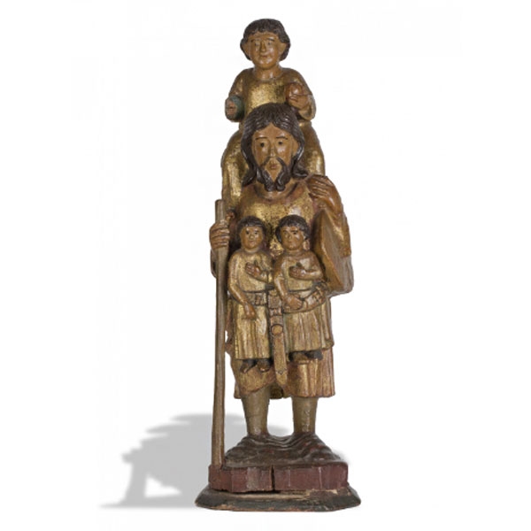 “San Cristóbal” en madera tallada y dorada. Escuela navarra o burgalesa, S. XVII.