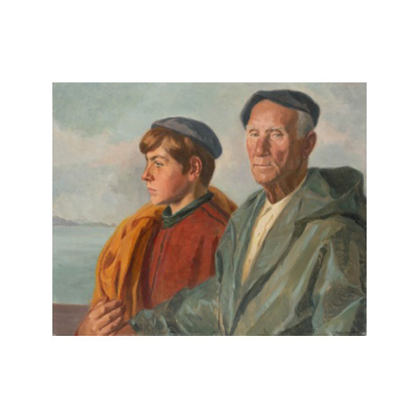 MAURICIO FLORES KAPEROTXIPI   (Zarauz 1901 - 2001)  "Arrantzaleko lenengo eguna "  Firmado: M. Flores Kaperotxipi  Óleo / Lienzo 