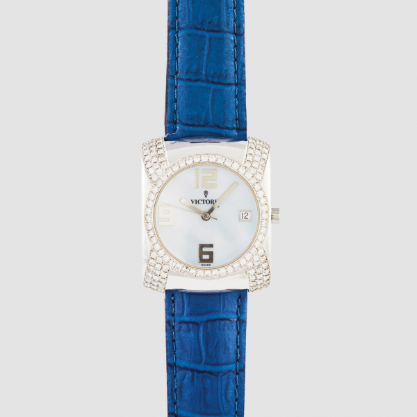 VICTORIA. Reloj de pulsera para señora. En acero y correa de piel. Caja y bisel de diamantes talla brillante 