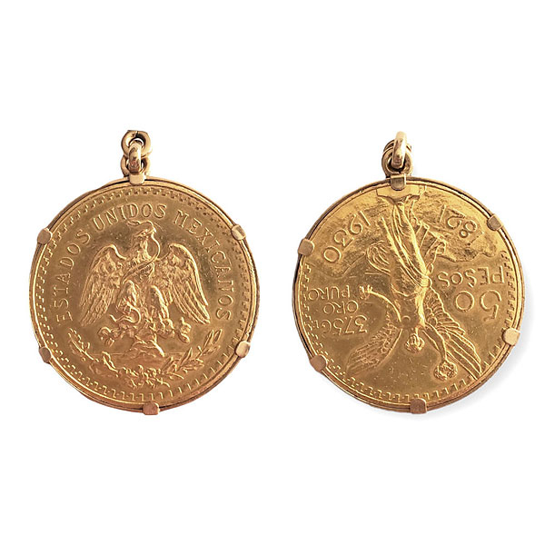 Colgante montado usando una moneda centenario de 50 pesos mexicanos 1821-1930 acuñada en oro puro. 