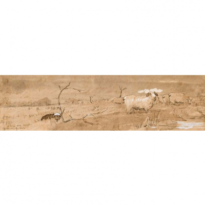 Thomas Sidney Cooper. "Ovejas pastando". Dibujo a tinta y acuarela sobre papel.