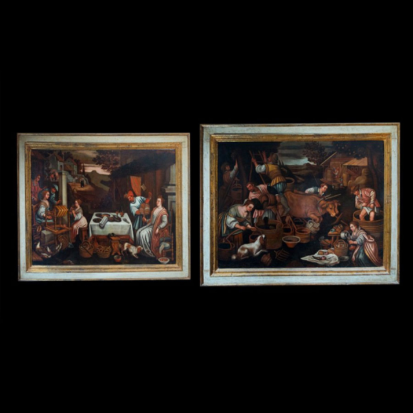 Seguidor de FRANCESCO BASSANO EL JOVEN (Bassano del Grappa, 1549 - Venecia, 1592) "Pareja de alegorías de los meses del año Julio (Leo) y Septiembre (Libra)" Siglo XVII.  