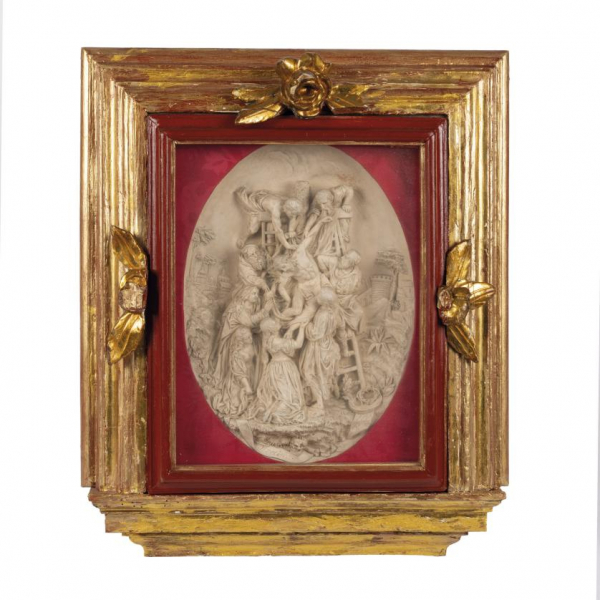 "El descendimiento de la Cruz". Relieve en espuma de mar tallada y pulida. Posiblemente Francia o Centroeuropa, S. XIX. 