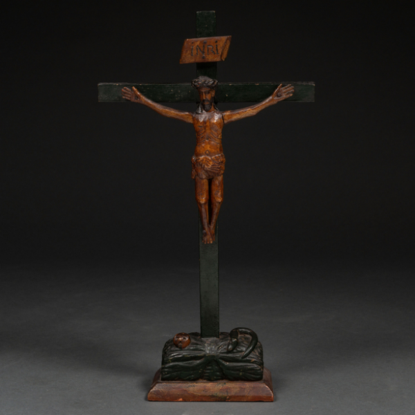 &quot;Cristo Crucificado&quot; Grupo escultórico en madera tallada y policromada. Siglo XVIII