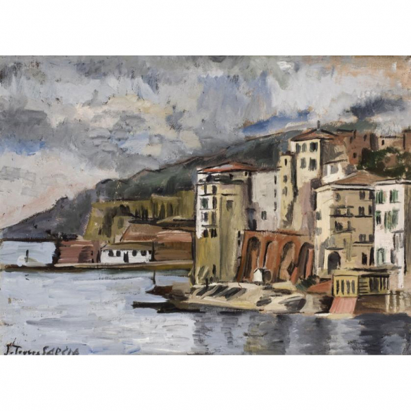 Joaquín Torres García. "Vilefranche -sur-Mer". Óleo sobre lienzo. Firmado 