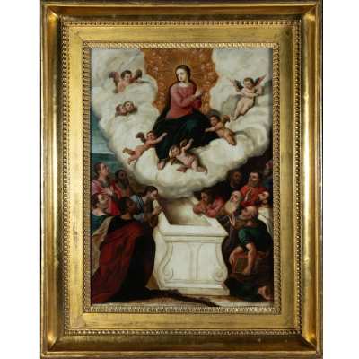 Lote Estrella - &quot;Virgen&quot; Lázaro Pardo de Lago, Escuela Colonial del siglo XVII (Cuzco, Virreinato del Perú, ca. siglo XVII - ca. siglo XVIII).   Óleo sobre alabastro.