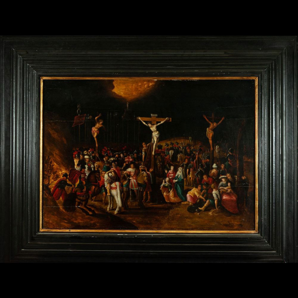 Gran óleo sobre tabla representando el &quot;Monte Calvario&quot;, círculo de Frans Fracken II (Amberes, 1581 - 1642).    Óleo sobre tabla