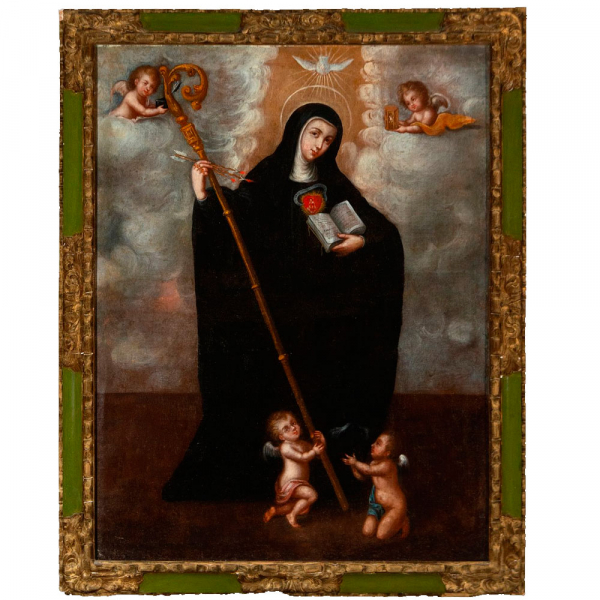 Escuela Colonial Mexicana de inicios del siglo XVIII "Santa Gertrudis".   Óleo sobre lienzo. 