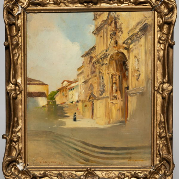 &quot;Iglesia de Santa María de San Sebastián&quot;.  JULIO VILA Y PRADES(Valencia, 1873 - Barcelona, 1930).   Firmado: J. Vila Prades. San Sebastián.  Técnica: Óleo/Tabla