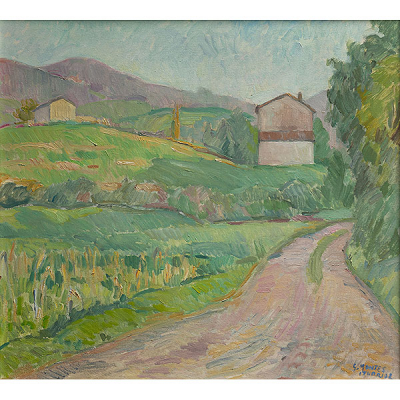 &quot;Paisaje con caseríos&quot;  GASPAR MONTES ITURRIOZ (Irún, 1901 -1998) 