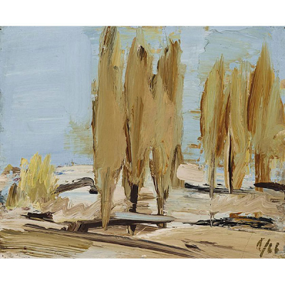 Fermín Aguayo.   &quot;Paysage aux peupliers (1966)&quot;. Óleo sobre tabla. Firmado y fechado (66) en el ángulo inferior derecho.