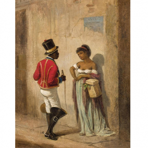 Victor Patricio Landaluze. "Galanteo cubano". Óleo sobre lienzo. Firmado en el ángulo inferior izquierdo.