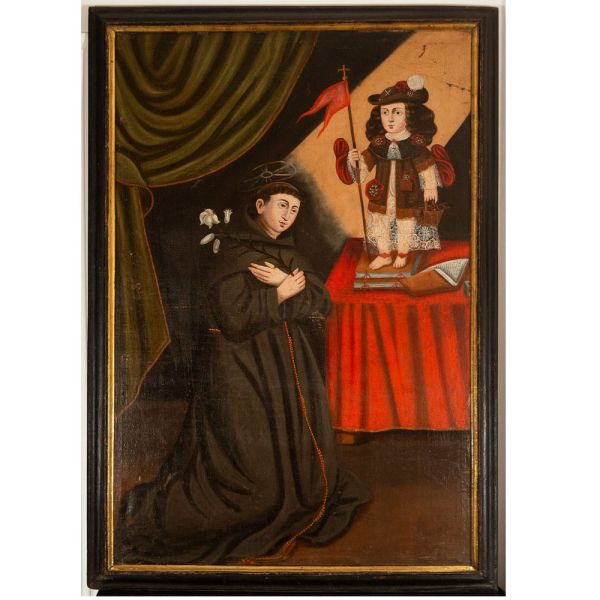 "San Antonio de Padua con el ' Santo Menino' Jesús" Escuela Colonial Portuguesa, siglos XVII-XVIII.   Óleo sobre lienzo.