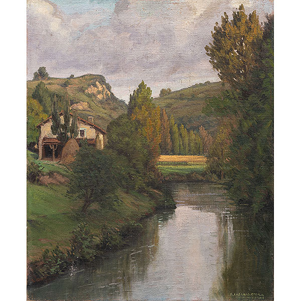 &quot;Paisaje con caserío y río&quot;   ÁNGEL CABANAS OTEIZA (Guipúzcoa, 1875-1964)  
