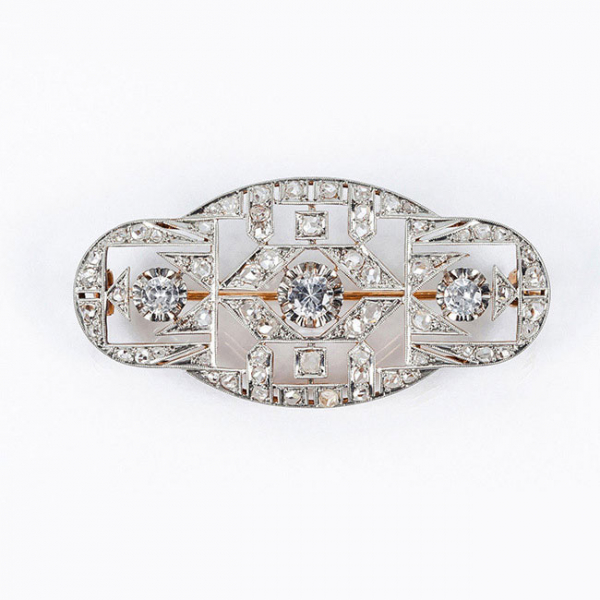 Bello alfiler vintage, "art-decó", en montura de oro amarillo 18 K 