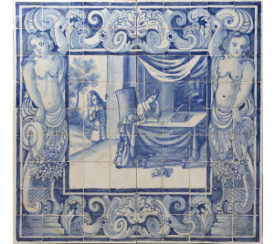 Panel de azulejos Don Joao de cerámica esmaltada en azul cobalto y blanco, con escena galante. Portugal, h. 1700 - 1730.
