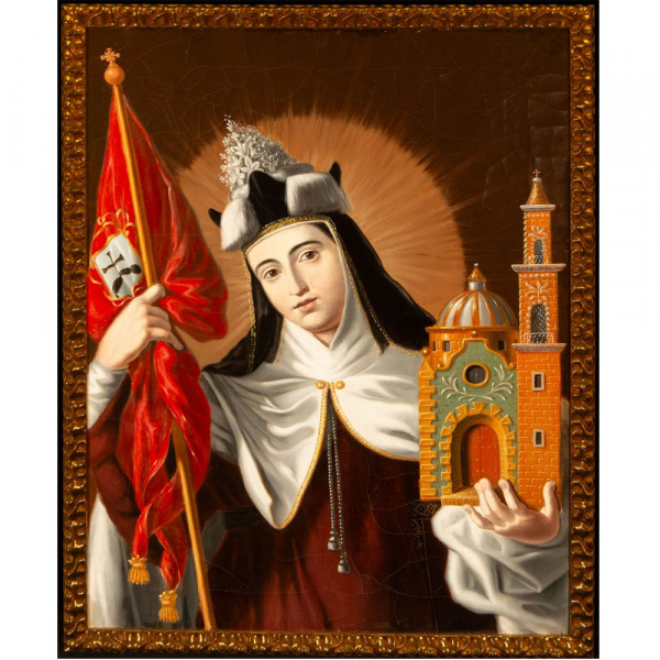 "Santa Teresa como doctora de la Iglesia". Escuela Novohispana, Siglo XVIII.   Óleo sobre lienzo. 
