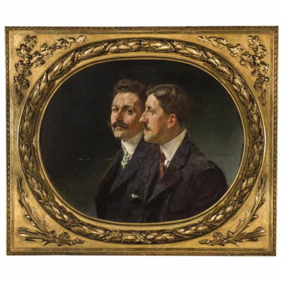 Emilio Sala Francés.   &quot;Retrato de los hermanos Álvarez Quintero&quot;. Óleo sobre lienzo.