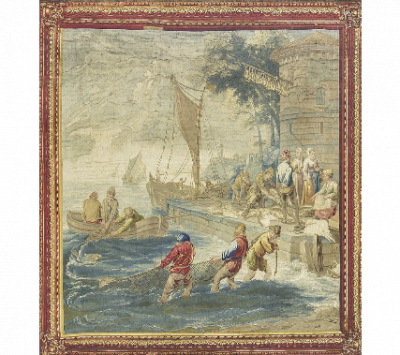&quot;Pescadores en el muelle&quot;. Tapiz en lana y seda con escena de puerto a la manera de Teniers. Bruselas, mediados del S. XVIII.