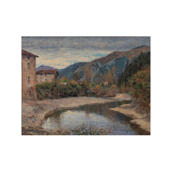 CIRIACO PARRAGA   (Torrelavega, Cantabria 1902 - Bilbao 1973)  "Paisaje con río y casas "  Firmado: Parraga  Óleo / Lienzo 