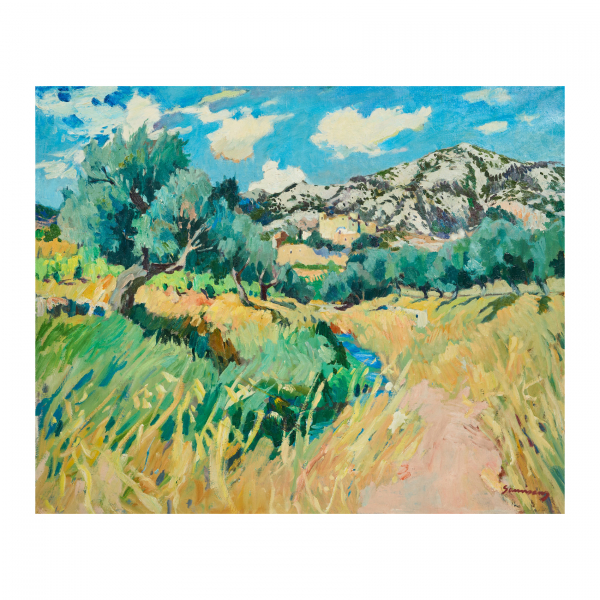 Ramón Sanvisens Marfull (Barcelona, 1917-1987).  La Riera.  Óleo sobre tela. Firmado.