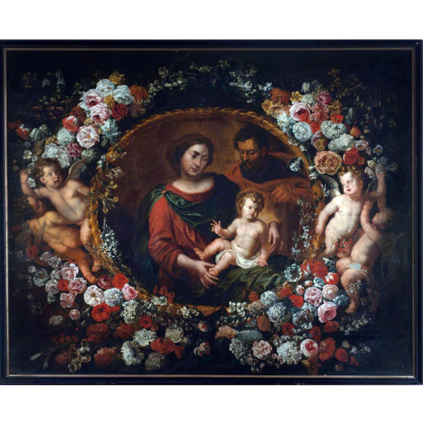 Excepcional Gran Orla de Flores con Sagrada Familia, atribuída a Erasmus Quellinus II y Daniel Seghers, Escuela flamenca del siglo XVII 