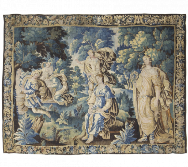 Tapiz en lana con escena narrativa con figuras de la antigüedad y cenefa con flores y aves. Aubusson, S. XVII.