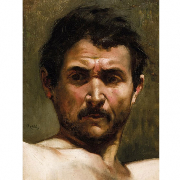 Juan Luna y Novicio. "Rostro de hombre". Óleo sobre lienzo. Firmado en el centro izquierda.