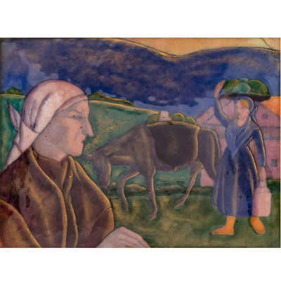 "Camino al Mercado" RICARDO ARRUE (Bilbao, 1899 - Venezuela, 1978) Esmalte al fuego. 