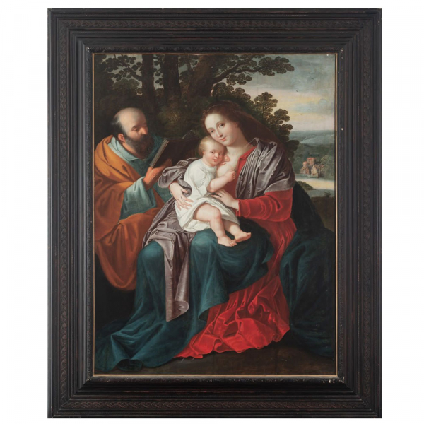 Taller de Federico Barocci del siglo XVI. Descanso en la huida a Egipto.   Óleo sobre tabla.
