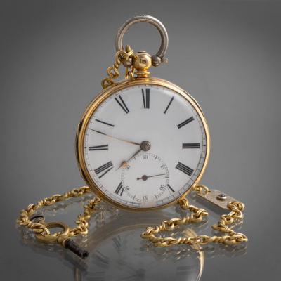 Reloj de bolsillo ingl&eacute;s en oro amarillo de 18kt marca Wateloo R. Warbrick and Sons. 