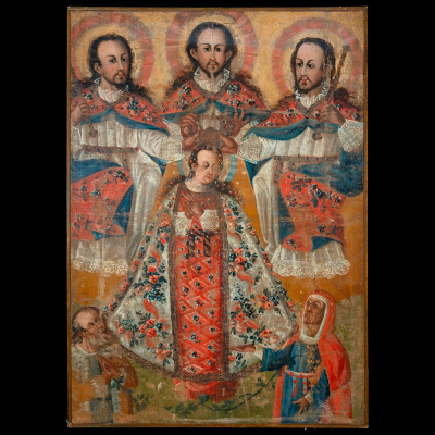 Exquisita Coronación de María ante San Joaquín y Santa Ana - ESCUELA COLONIAL DE CUZCO , PERÚ VIRREINAL SIGLO XVII.