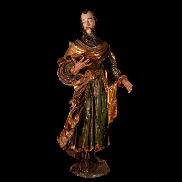 San Pablo con libro, Escuela Italo Germana, Siglo XVIII.    Talla de madera policromada y dorada