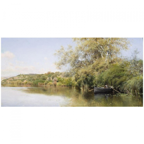 Emilio Sánchez Perrier.  "Orilla del Guadaira con barca". Óleo sobre tabla.