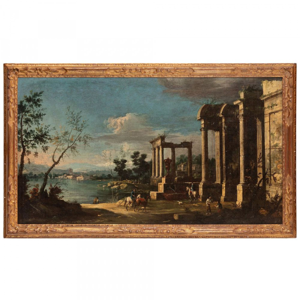 MAESTRO DE LA FUNDACIÓN LANGMATT, llamado APOLLONIO DOMENICHINI (Venecia, 1715 – hacia 1770) "Capricho arquitectónico", segunda mitad del siglo XVIII.   Óleo sobre lienzo. 